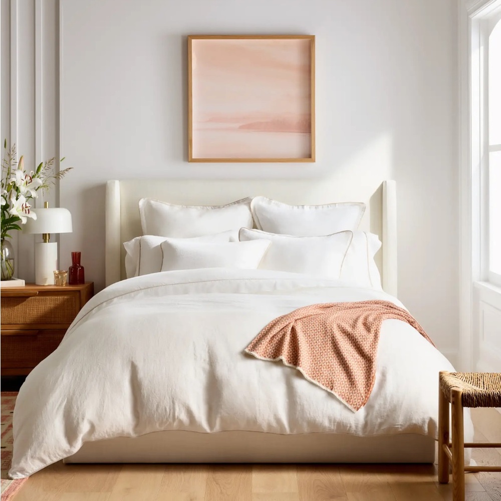 Quince European Linen Piped Duvet Cover White and Toffee Full Queen